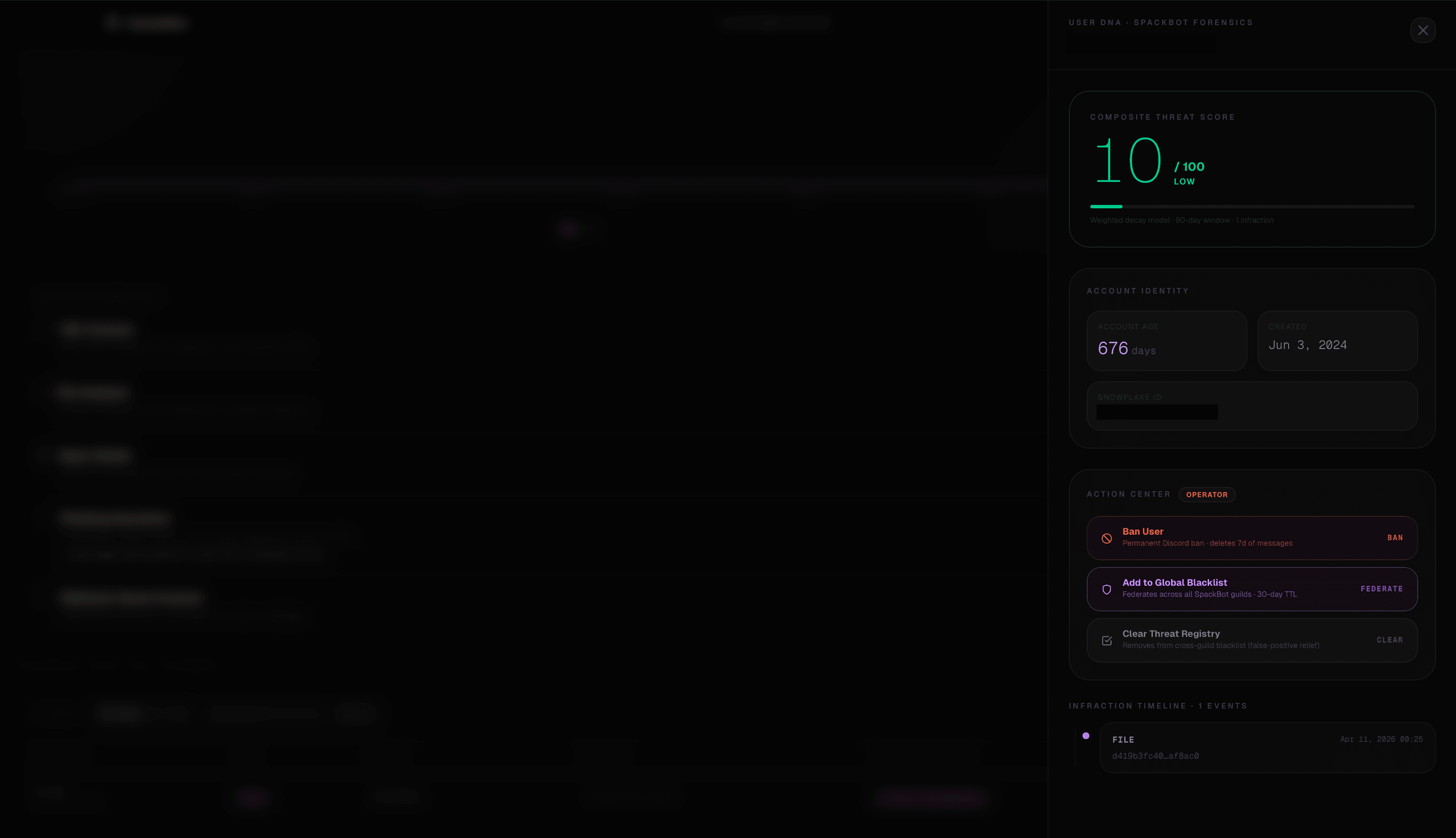 SpackBot — pannello azione utente